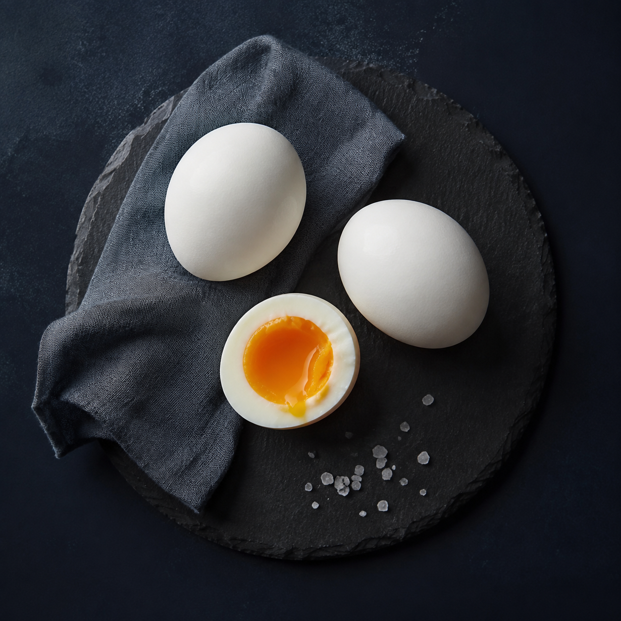Soft and hard boiled eggs on a dark plate